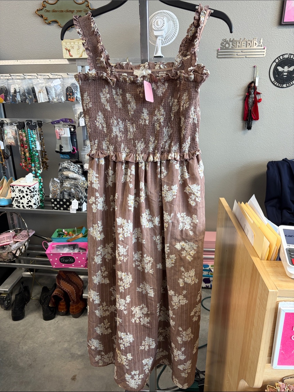 Rare Editions Brown Floral Smocked Sundress with Cream Flowers A5ZK4G